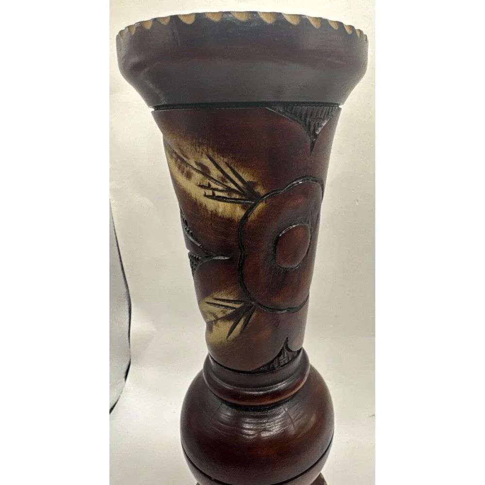 Vintage Hand Carved Wooden Etched Floral Vase  Bohemian 10 Inches